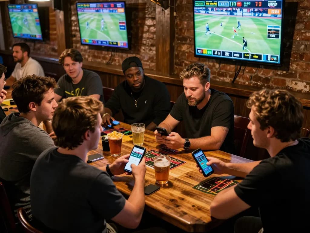 Enthusiastic gamblers strategizing sports bets with mm88br app and live action screens vividly visible