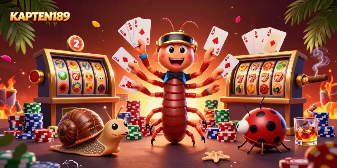 KAPTEN189 menampilkan dealer kartun 3D di meja slot dengan warna cerah dan simbol keberuntungan.