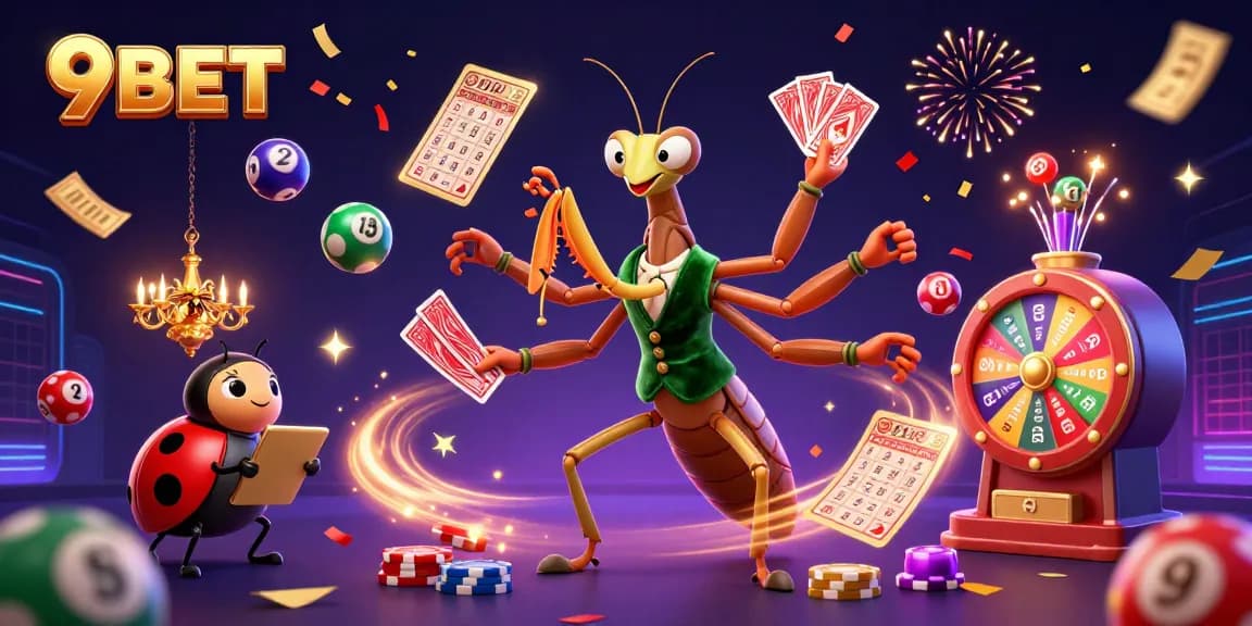 9BET casino features a vibrant scene with a giant praying mantis card sharp and colorful lottery elements.