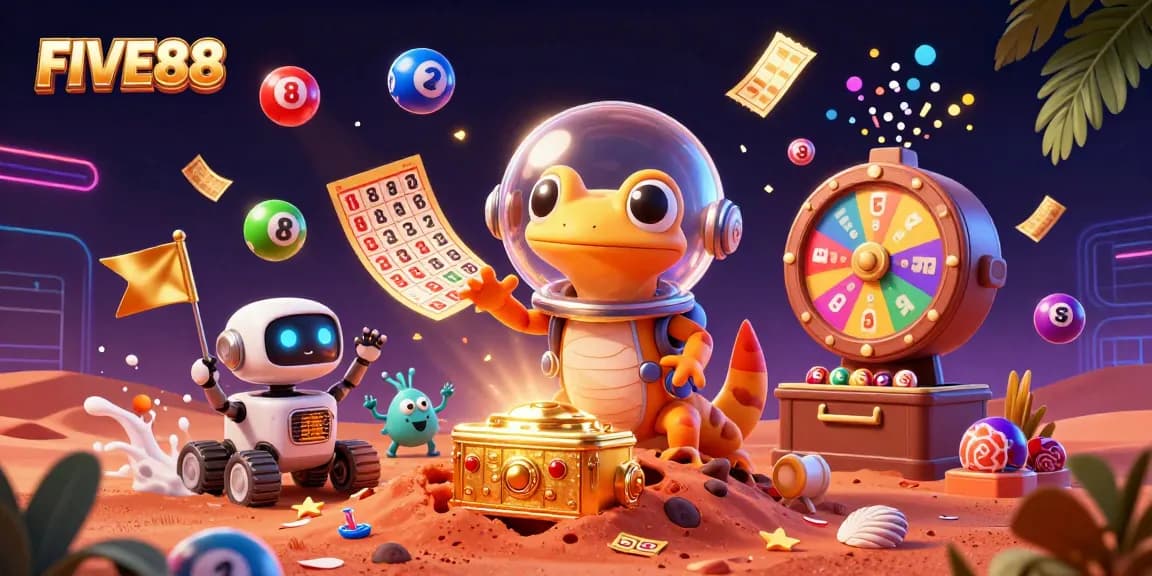 Engage with FIVE88's vibrant casino adventure featuring a Martian gecko and lottery elements.