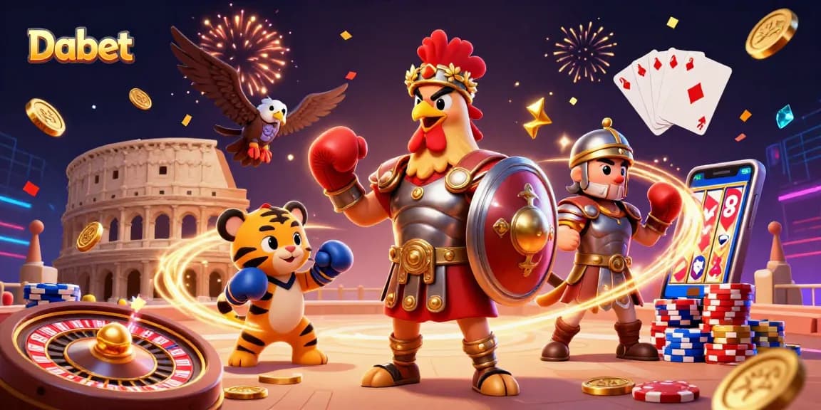 Experience thrilling gaming at Dabet with a gladiator rooster and eagle, showcasing a vibrant casino scene.