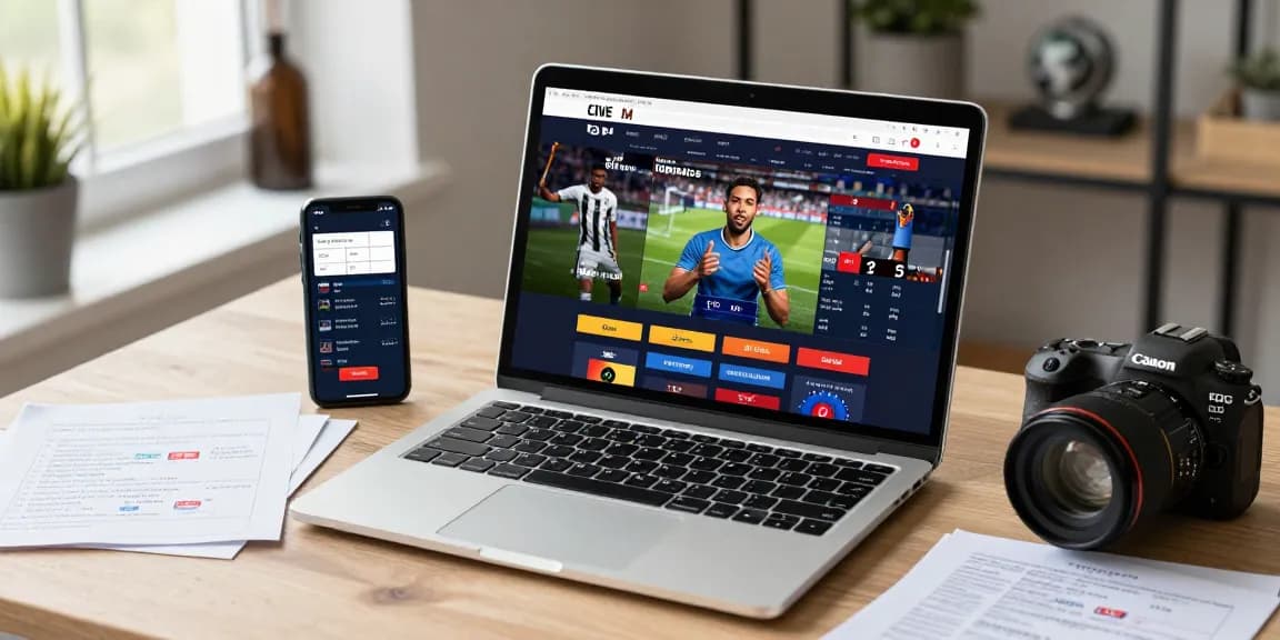 Uživatel aktivně využívající zahraniční sázkové kanceláře na svém notebooku s mobilním zařízením a sportovními memorabiliemi.