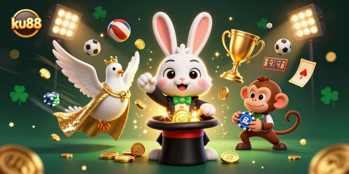 Engage in exciting games at ku88 with vibrant 3D casino illustration showcasing magical and playful elements.
