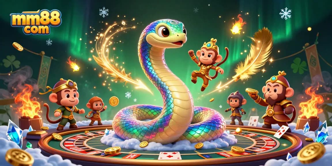 Experience exciting gaming at mm88 com with a vibrant live casino atmosphere featuring a rainbow serpent and playful characters.
