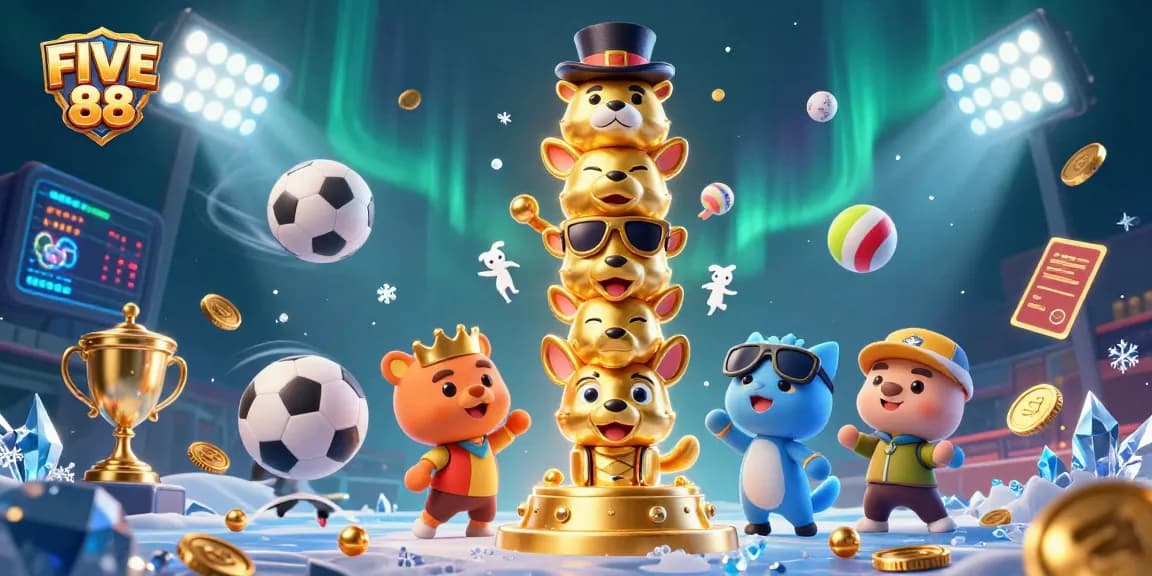 Experience the thrill of winning at FIVE 88 with dazzling casino-themed elements and energetic sports balls in this vibrant illustration.