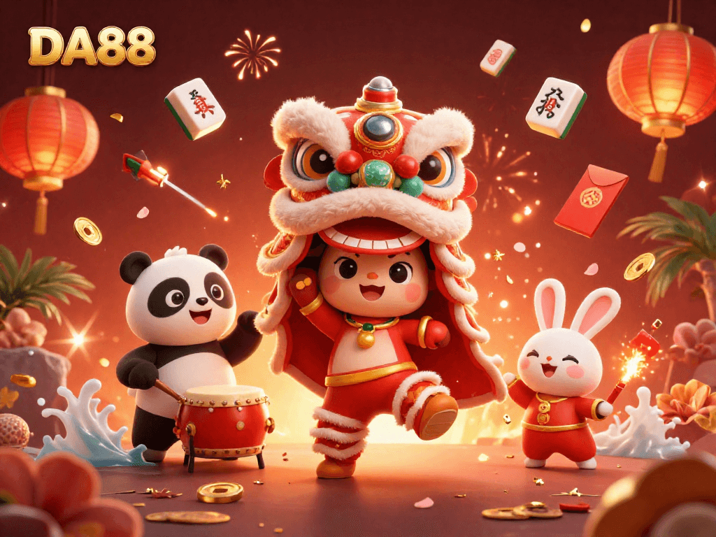 Experience the thrill of DA88 with vibrant casino elements and energetic characters celebrating in a festive scene.