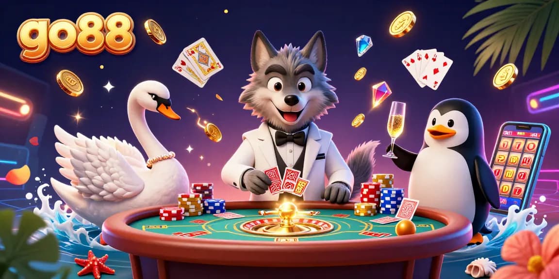 Experience the excitement of go88 with a vibrant 3D illustration of casino characters and games.