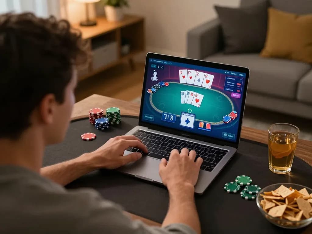 RR88 player focusing on online poker strategy in a cozy home setting