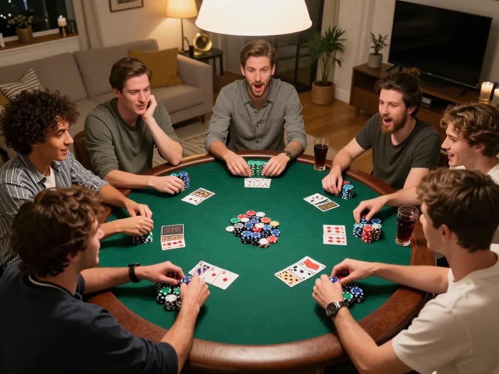 Teman-teman menikmati permainan strategis dengan chip poker rokok 88 di malam poker rumahan yang meriah.