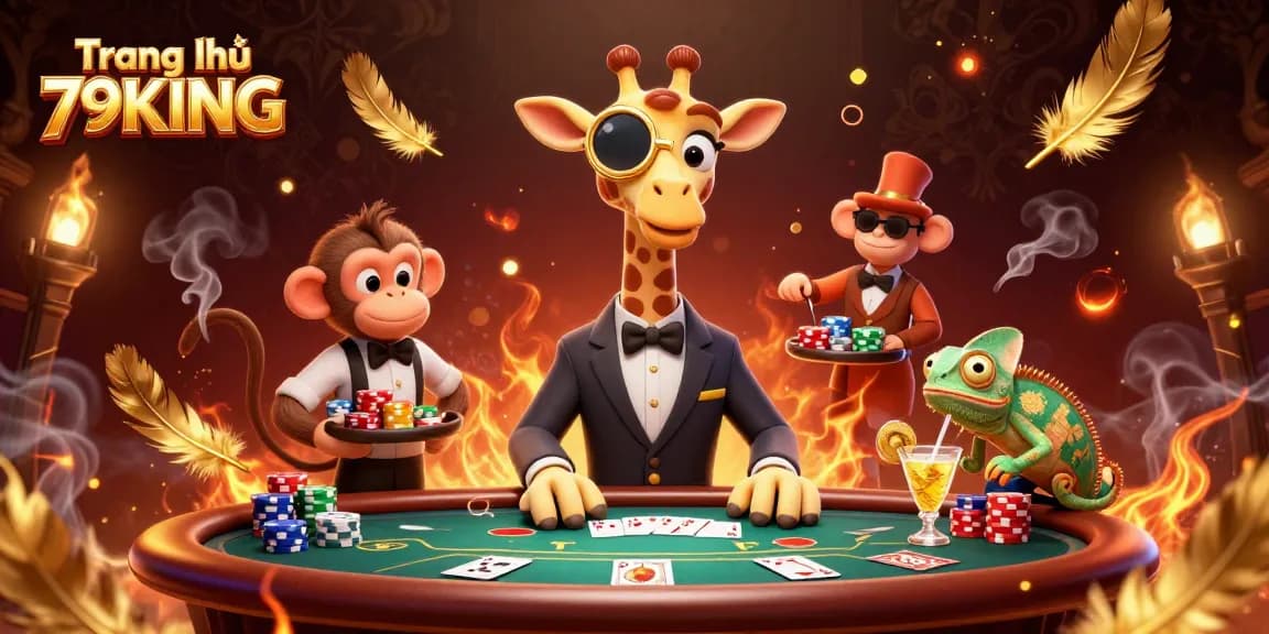 Experience thrilling action with Trang chủ 79KING as the high-roller giraffe plays poker amidst vibrant casino elements.