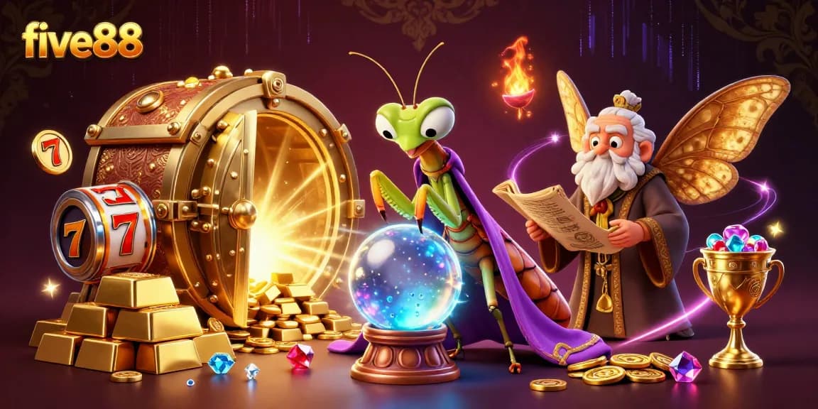 Experience the magic at five88 with a mystical fortune teller and vibrant casino treasures.