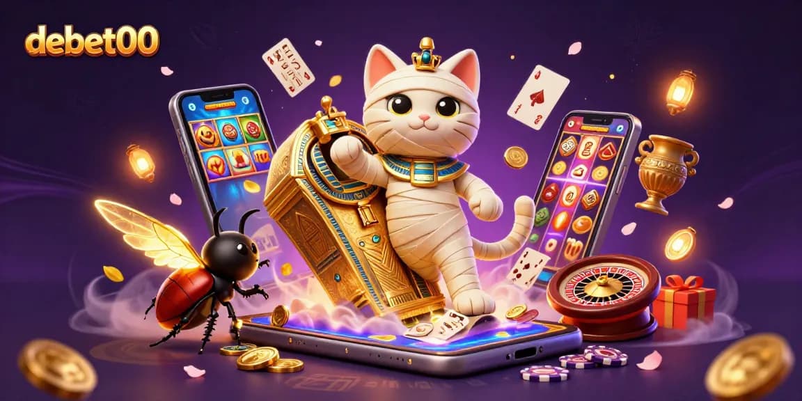 Experience the excitement of debet00 with a vibrant 3D casino scene featuring a mummy cat and scarab beetle.