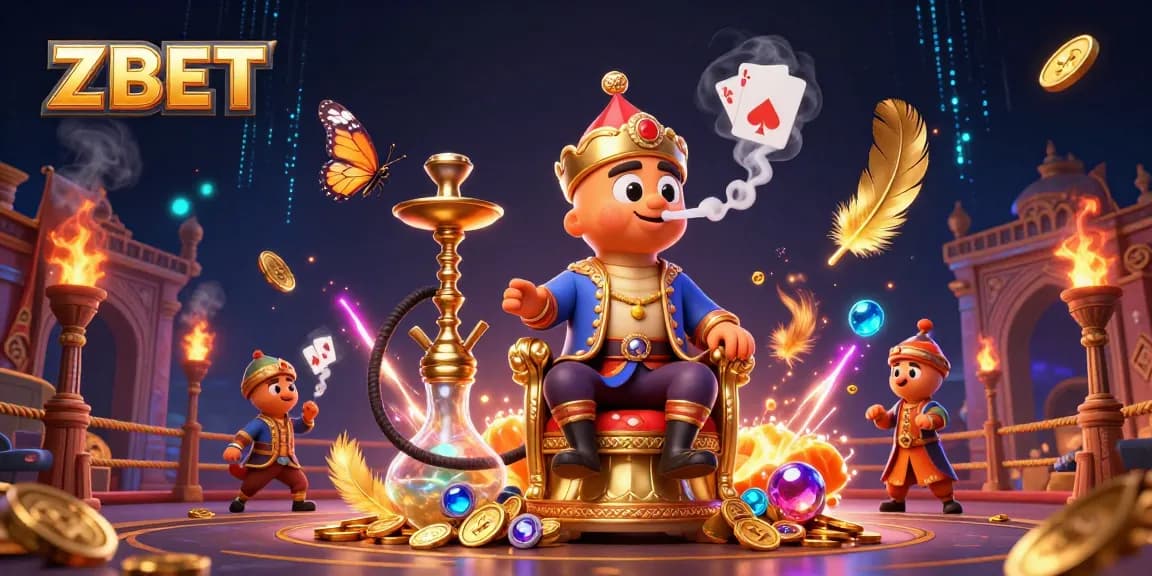 Engaging ZBET experience featuring a hookah-master caterpillar, poker symbols, and casino elements.
