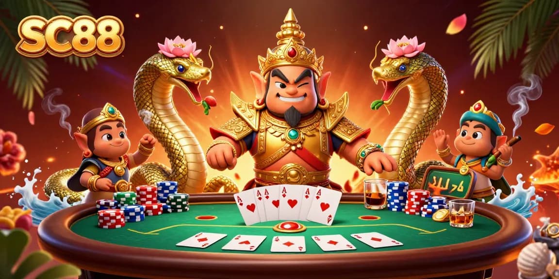 Engage with SC88's vibrant poker scene featuring a yaksha guardian and dynamic chips.