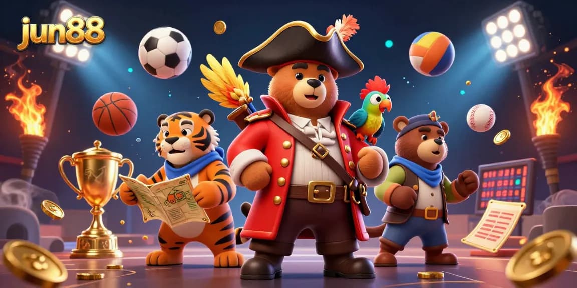 Experience thrilling gaming at jun88 with the pirate bear and friends amidst sports excitement!