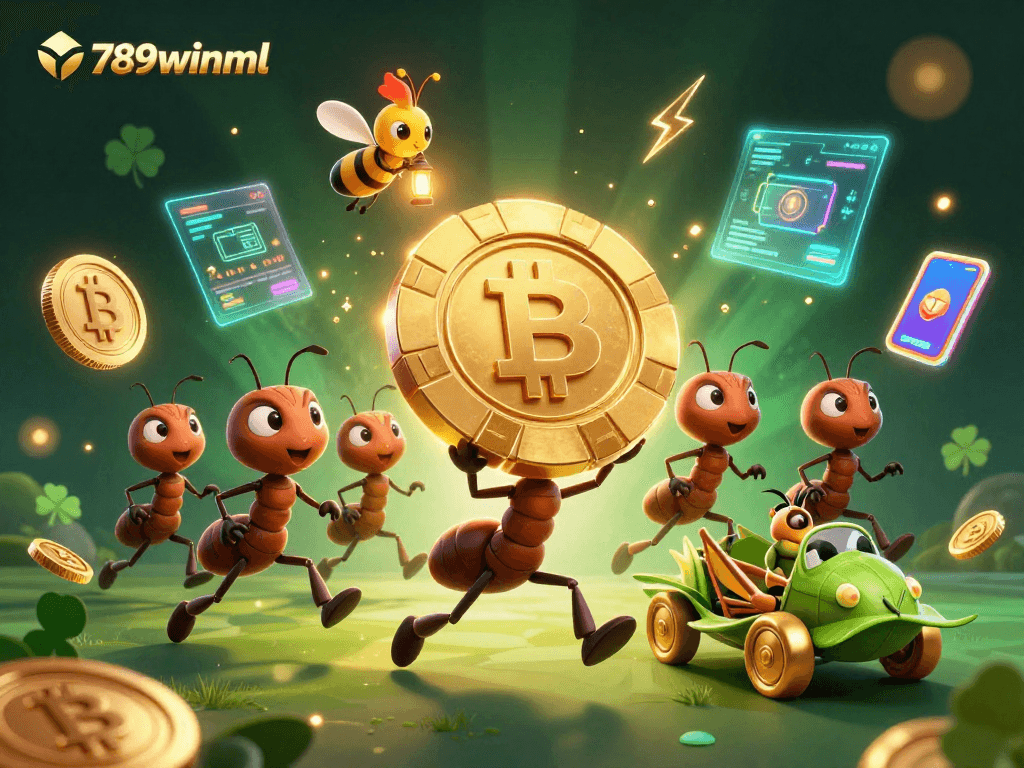 Join the thrilling action of 789winml as playful ants execute a grand poker heist amidst neon crypto elements.