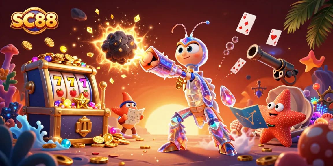 SC88 showcases a galactic samurai mantis shrimp amidst slot reels and gold coins, symbolizing successful gameplay.