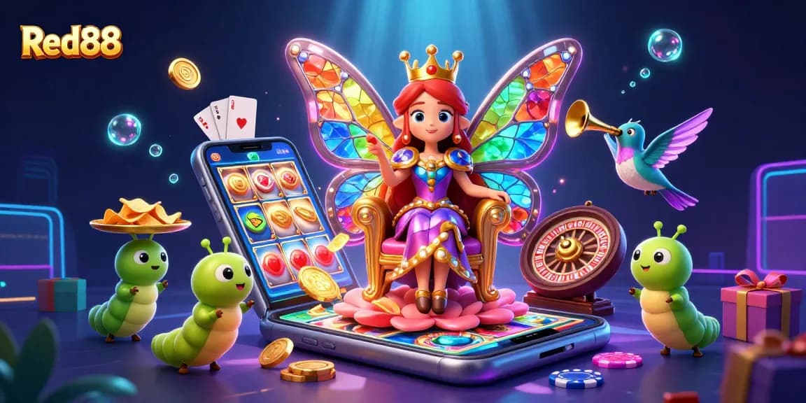 Engage with Red88's vibrant gaming universe through an enchanting illustration of a butterfly queen amidst dazzling casino elements.