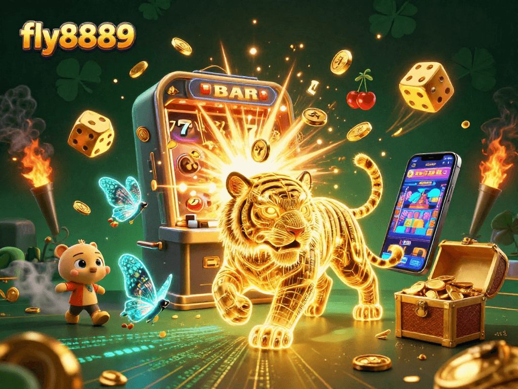 Experience the thrill at fly8889 with the electrifying golden tiger in a vibrant digital casino