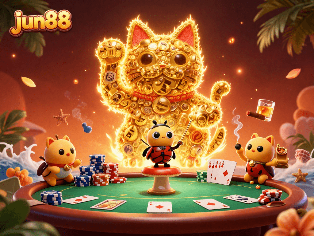 Experience thrilling moments with jun88 as golden fireflies create a lucky cat in a dynamic casino scene.