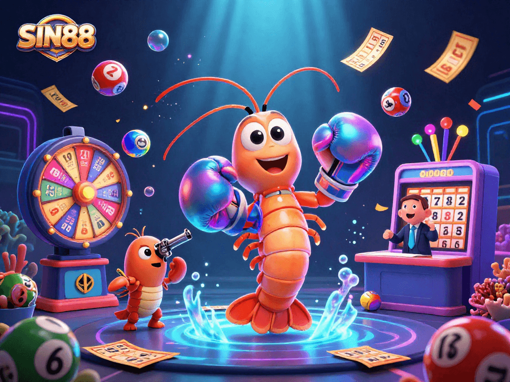 SIN88 showcases a vibrant casino scene with animated underwater characters and lottery elements.