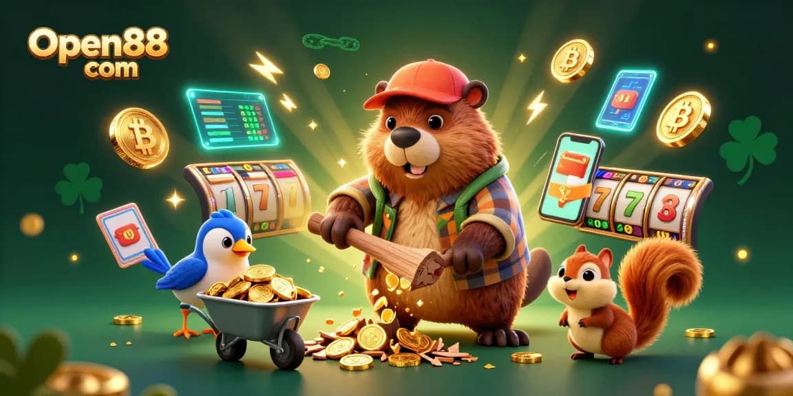 Win big with Open88 com by spinning slot reels next to animated characters collecting gold coins and crypto elements.