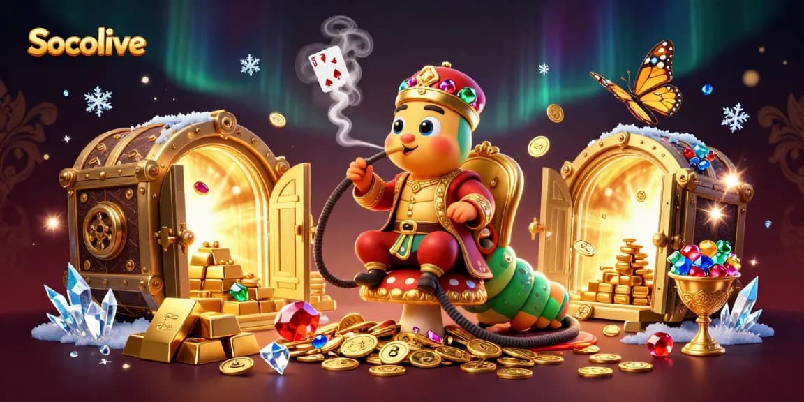 Socolive showcases a vibrant 3D scene of a caterpillar hookah master and treasures in a majestic casino theme.