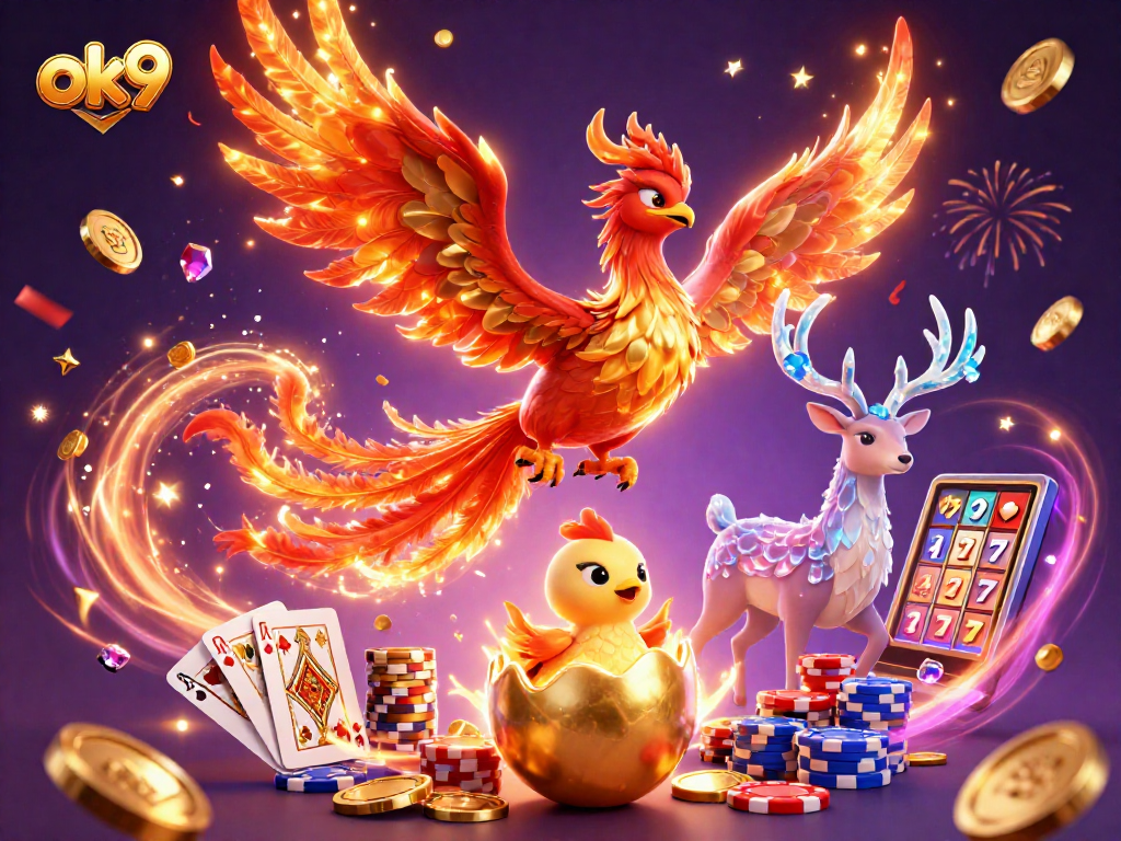 Engage in thrilling bets with ok9, capturing the exhilarating casino atmosphere featuring colorful coins and playing cards.
