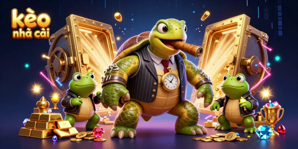 Experience kèo nhà cái with a cartoon-style turtle mobster and frog enforcers amidst riches and excitement.