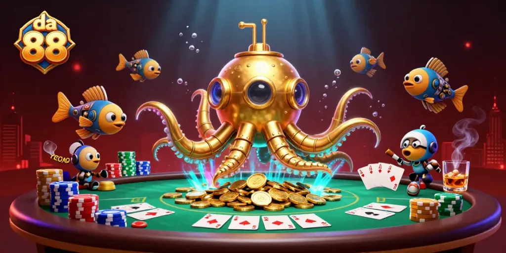 Catch the thrilling action at da 88 with golden squid and poker excitement in a vibrant 3D illustration.