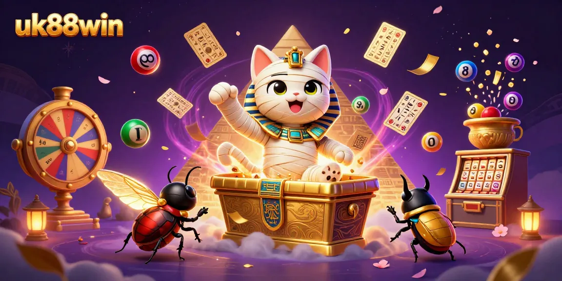 Join the uk88win adventure with the Egyptian mummy cat in a vibrant casino scene.