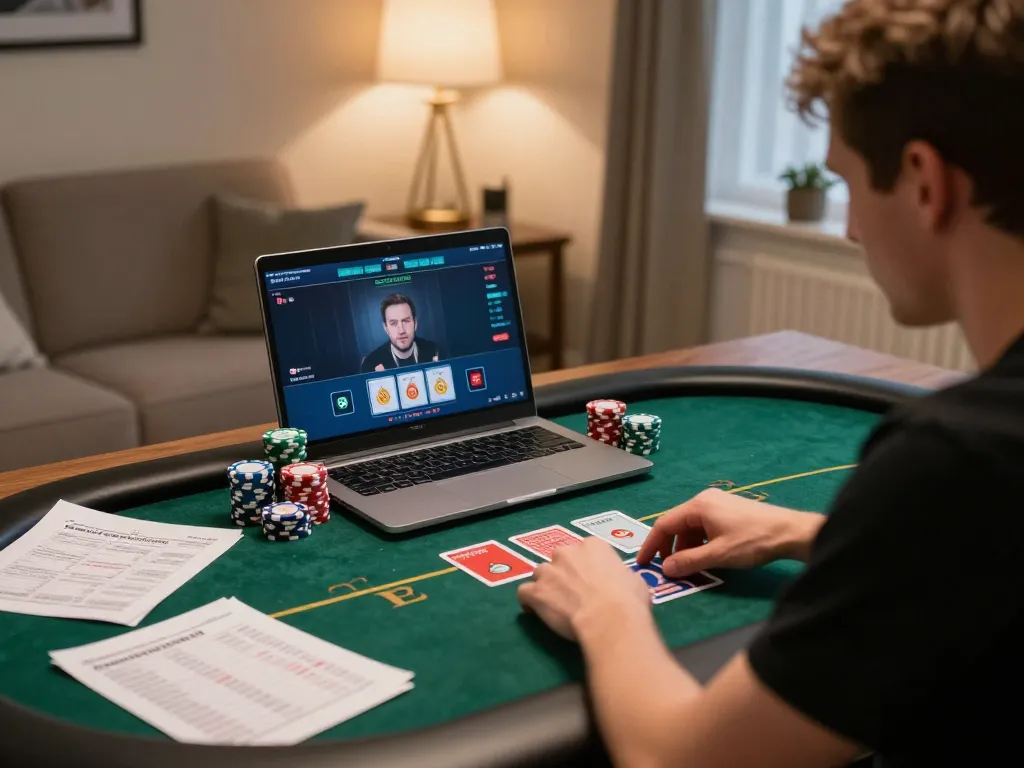 Player engaged in high-stakes poker at home, showcasing MM88 online gaming interface with cards and chips on screen.