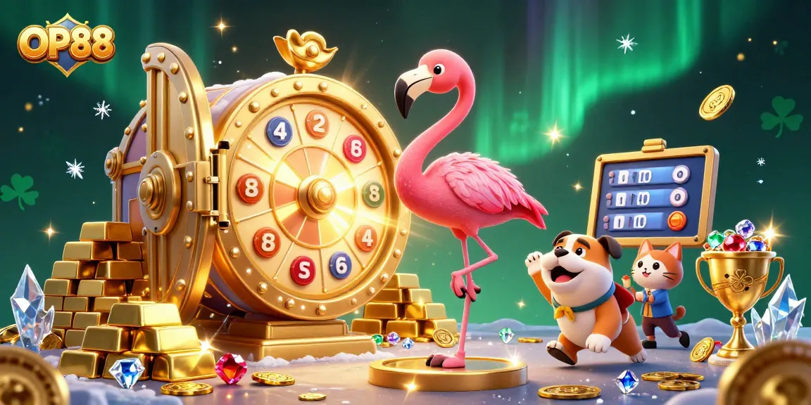 Experience the excitement at OP88 with a vibrant game show scene featuring a flamingo, bulldog, and treasures in a festive casino.