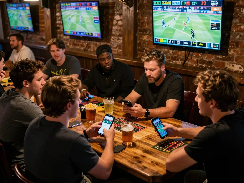 Enthusiastic gamblers strategizing sports bets with mm88br app and live action screens vividly visible