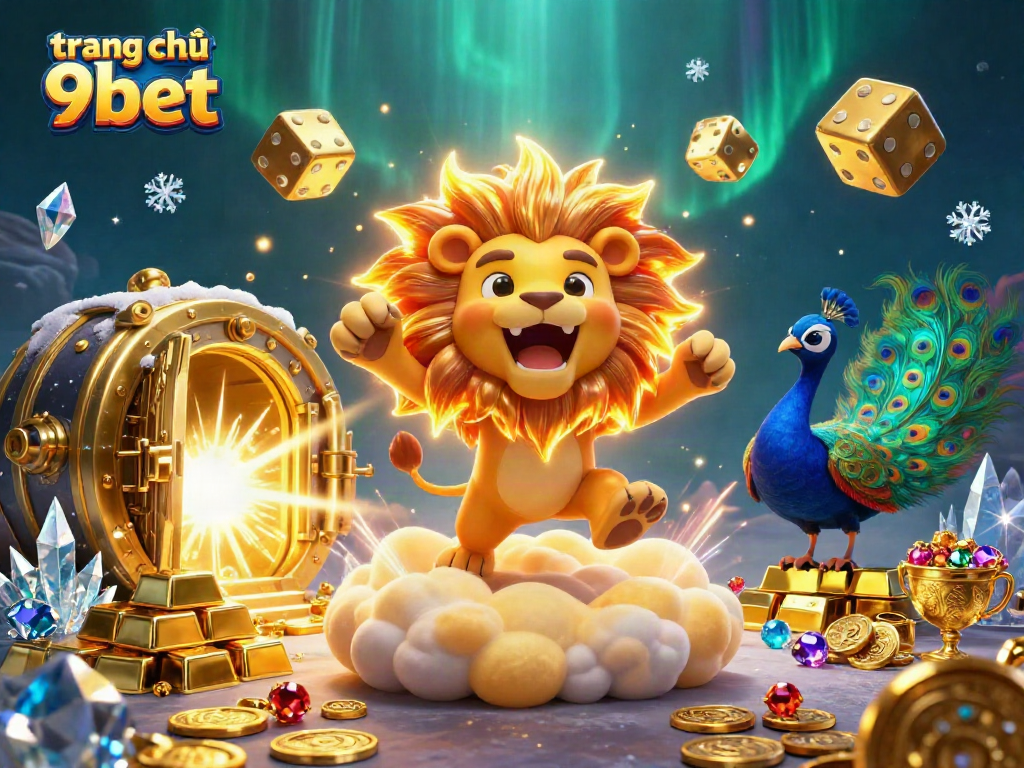Win big with trang chủ 9bet: Explore the casino's vibrant 3D illustration showcasing golden treasures and characters.