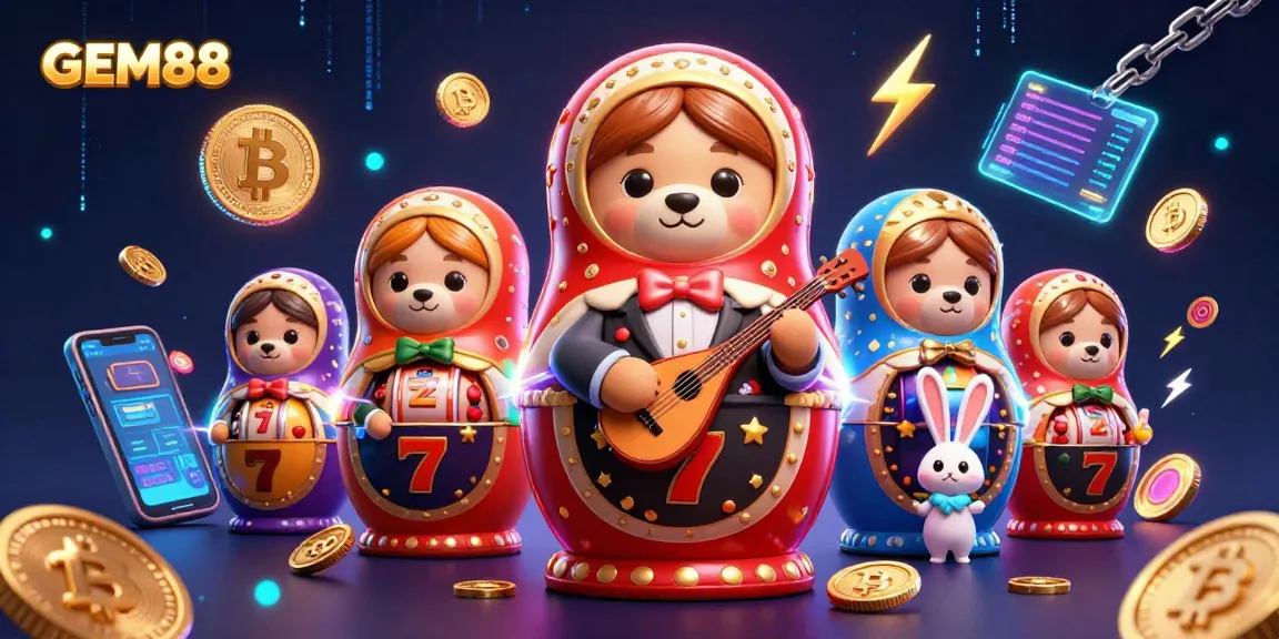 Experience excitement with GEM88's vibrant casino scene featuring animated bears and crypto elements.