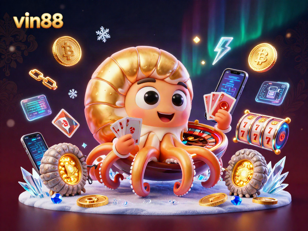 Play with vin88 in a vibrant casino scene featuring a giant nautilus roulette and glowing crypto coins.