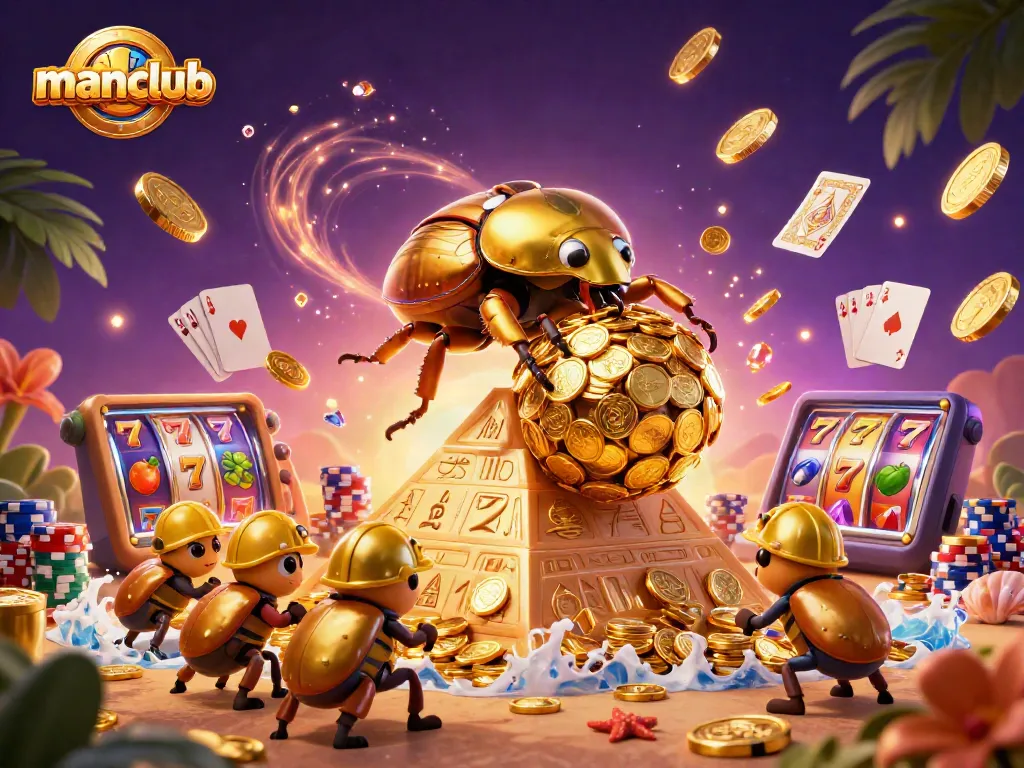 Experience excitement with manclub's colossal beetle rolling golden coins in a vibrant casino scene.