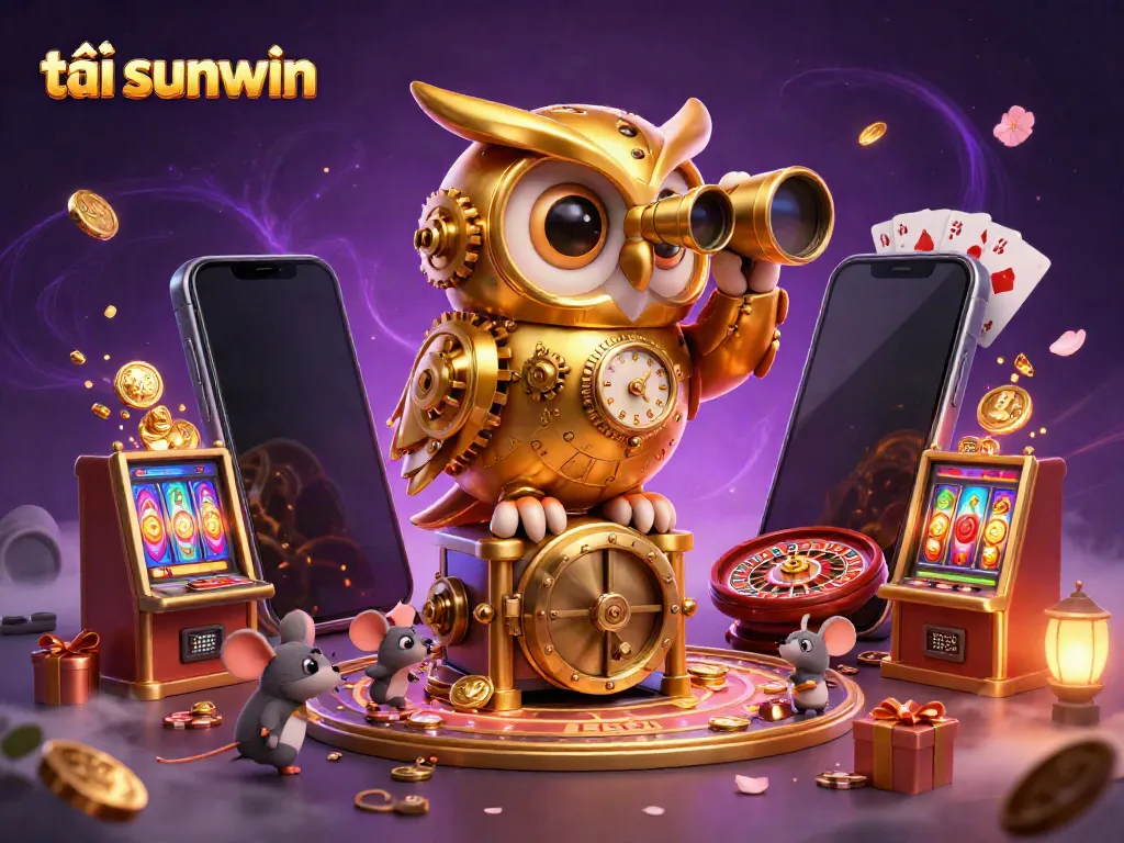 Experience the excitement of tải sunwin with this captivating casino illustration, featuring a golden owl, slot games, and more.