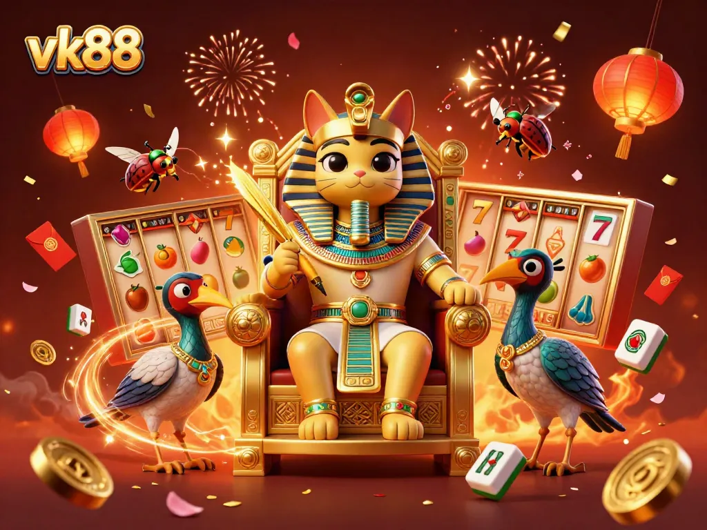 Experience thrilling gameplay at vk88 with a vibrant 3D illustration showcasing dynamic slot activities and Egyptian-themed characters.