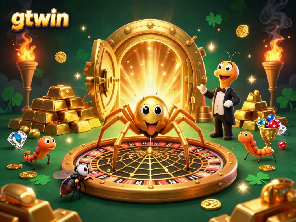 Engage in exciting bets at gtwin with a golden spider spinning fortune in a casino web.