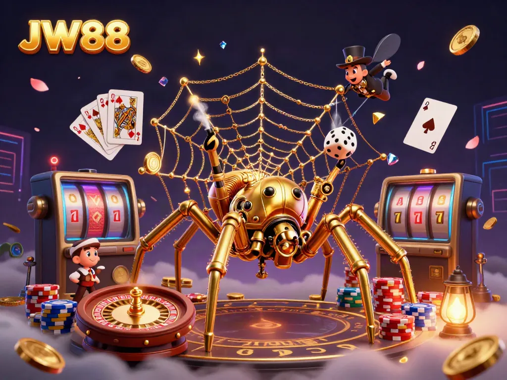 Experience the thrilling world of JW88 with a steampunk spider and pixelated casino elements.