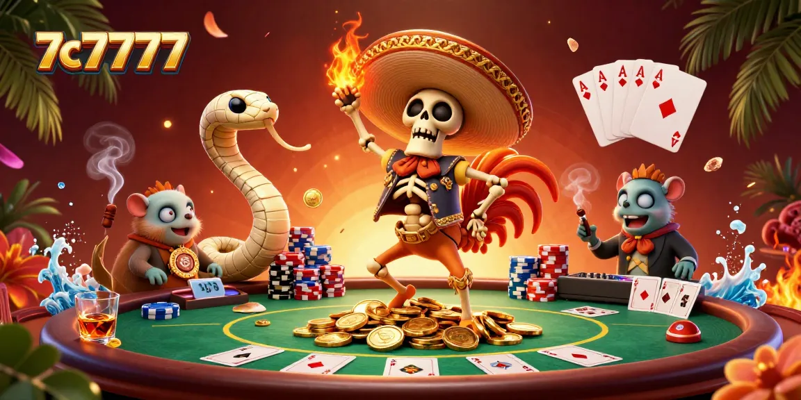 Experience the 7c7777 excitement with animated characters celebrating around a poker table filled with gold coins.