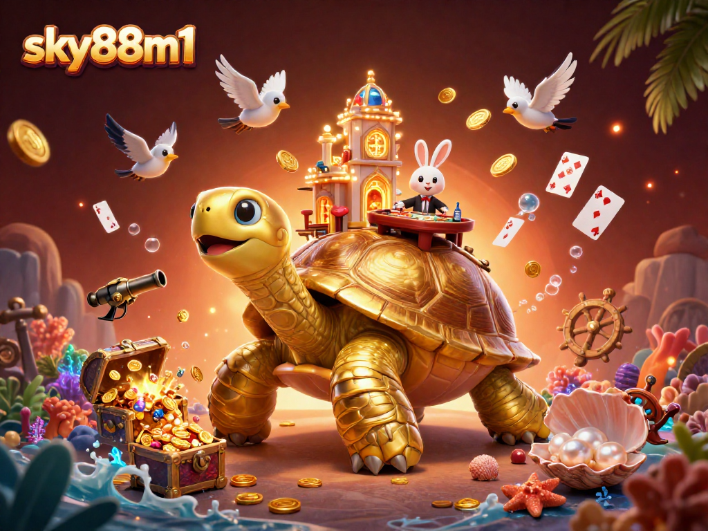 Experience thrilling gameplay with sky88m1's dynamic casino scene featuring a golden tortoise and games.