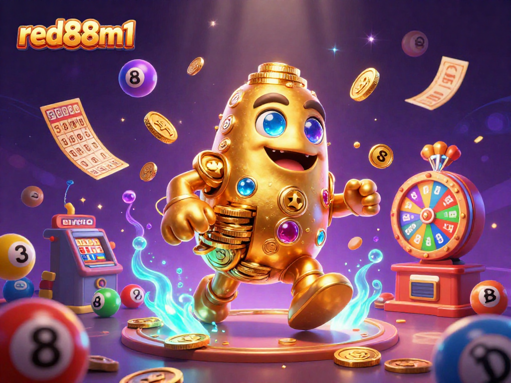 Experience the excitement of red88m1 with dynamic lottery elements and a golden golem in action.