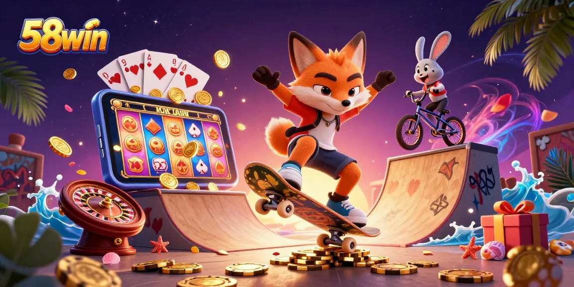 Experience thrilling games at 58win with vivid casino elements, featuring a dynamic skateboarding fox and rabbit.