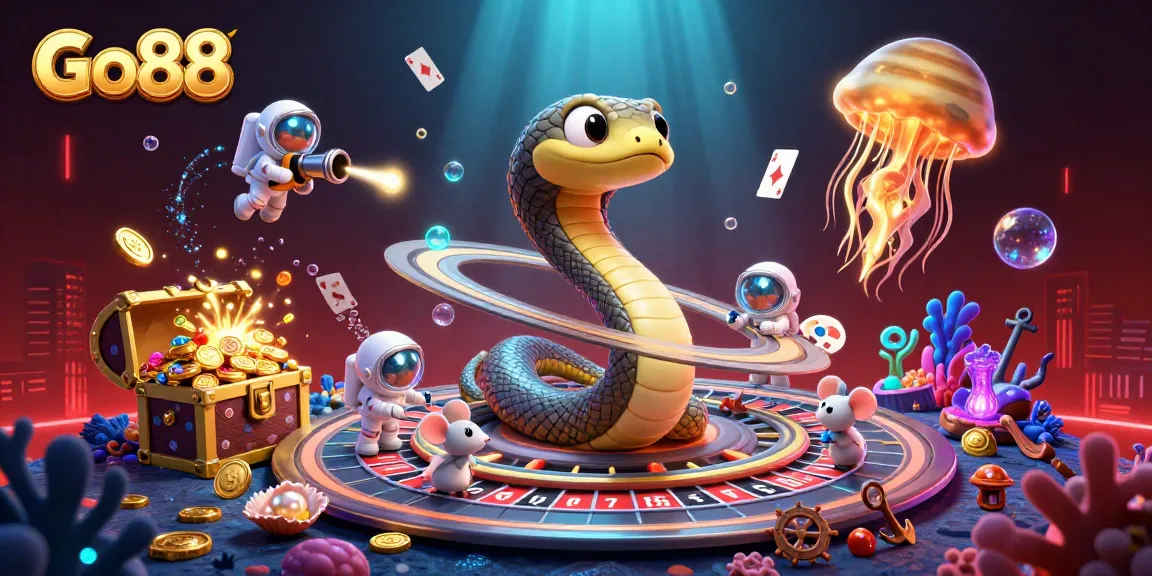 Experience the thrill of betting at Go88 with cartoon characters amidst a vibrant cosmic casino scene.
