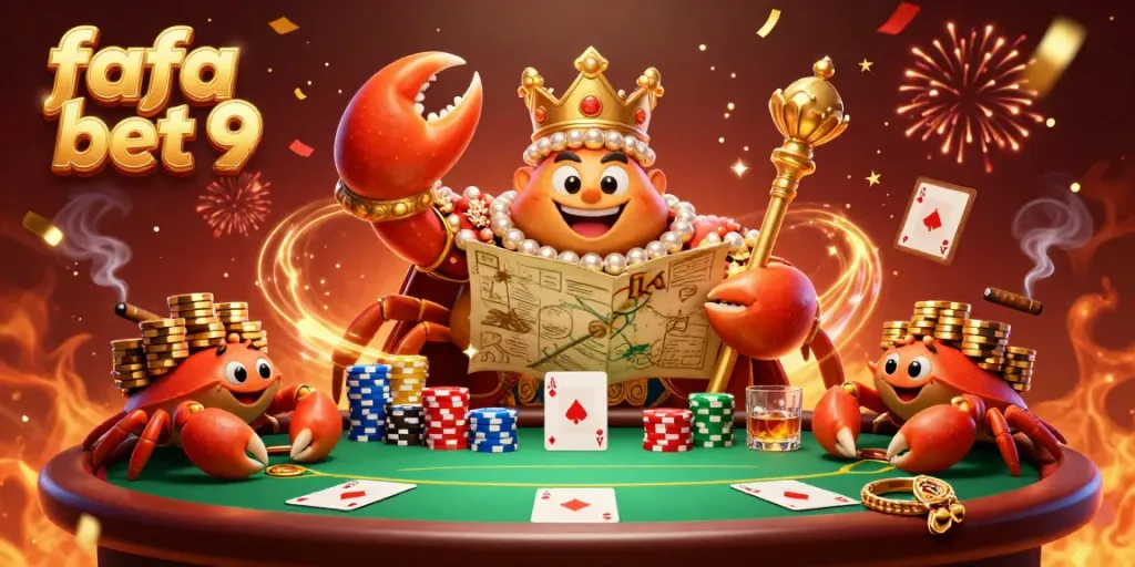 Fafa Bet 9 showcases a grand crab emperor amid a lively poker scene with colorful chips.