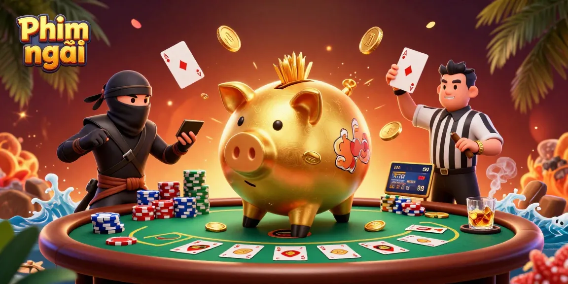Engage with Phim mới as a golden piggy bank sumo wrestler shakes golden coins in a casino scene.