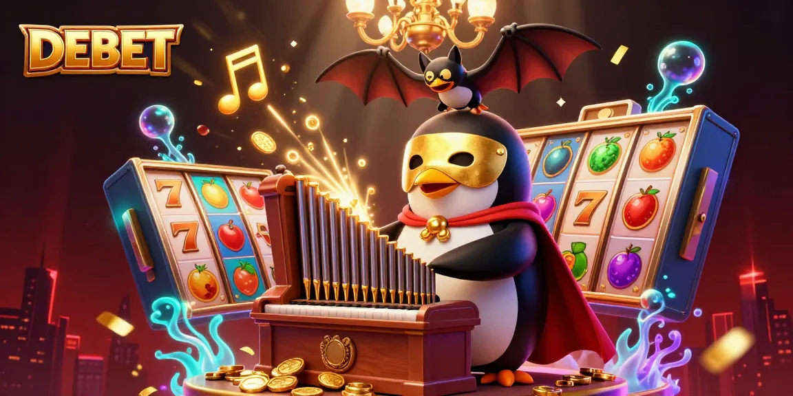 DEBET showcases an engaging 3D casino scene with a penguin organist and vibrant slot elements.